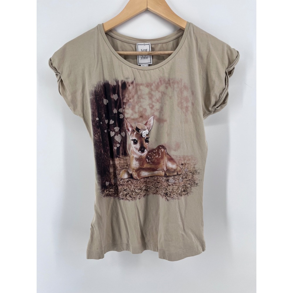 Womens Tan Deer Fawn Graphic Tee Rolled Sleeve Scoop Neck Size XS Whimsy Cottage